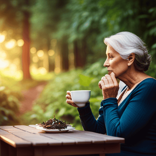 An image depicting a serene, rustic scene with a person sipping herbal tea
