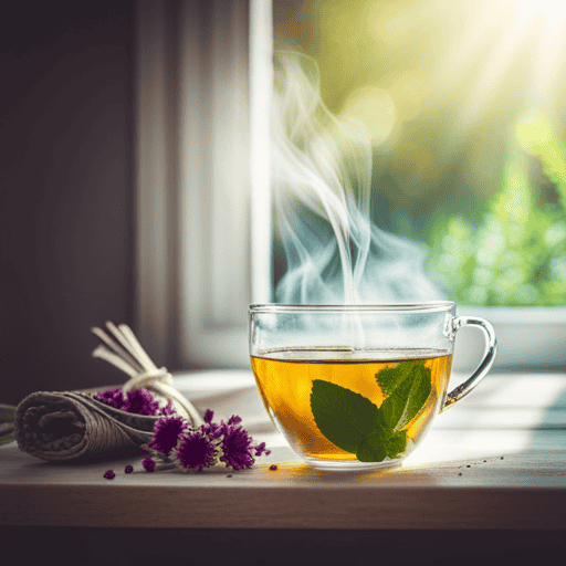 An image showcasing a serene scene of a cup of herbal tea steeping, surrounded by fresh, vibrant herbs like peppermint and chamomile