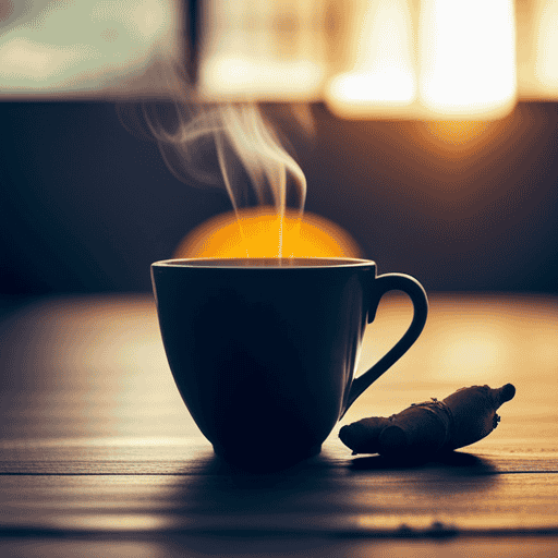 An image depicting a serene scene of a steaming cup of turmeric and ginger tea, surrounded by freshly grated ginger and golden turmeric roots, evoking a sense of warmth and healing