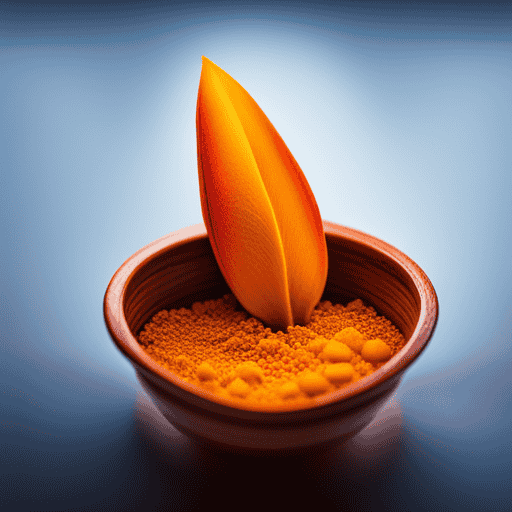 An image showcasing a vibrant orange turmeric root, sliced open, with its rich yellow-orange pigment spilling out, representing the potency and effectiveness of turmeric as a natural anti-inflammatory agent