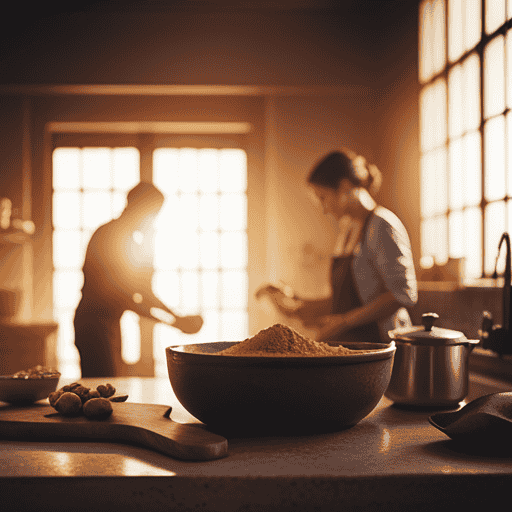 An image depicting a serene, sunlit kitchen with a wooden cutting board displaying freshly chopped turmeric root, a simmering pot of aromatic turmeric-infused broth, and someone patiently stirring the mixture with a spoon