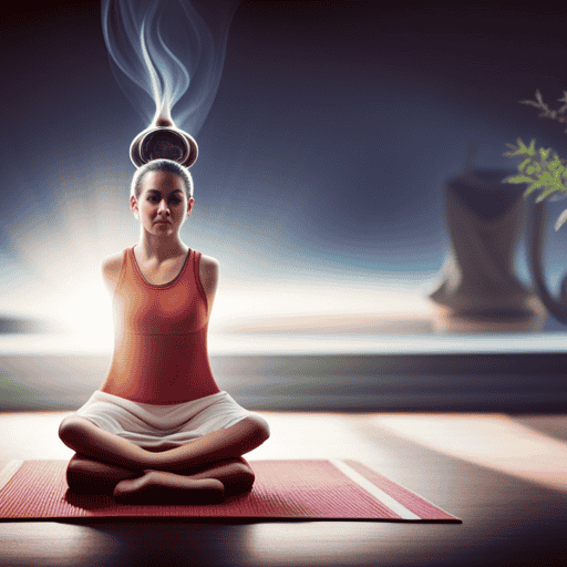An image featuring a serene, sunlit yoga studio, with a teacup placed on a mat