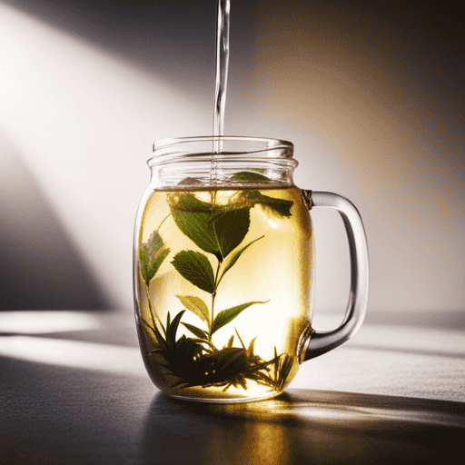 An image capturing the process of cold brewing herbal tea: a glass jar filled with loose tea leaves immersed in cool, crystal-clear water, surrounded by gentle sunlight, as time passes with a faint hint of herbs infusing the liquid