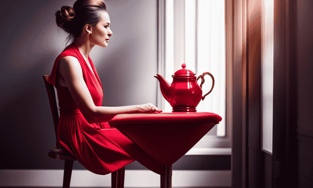 An image of a serene bathroom scene: a woman sitting on a stool, gracefully pouring a warm, vivid red liquid from a teapot onto her hair, as sunlight filters through the window, casting a beautiful glow