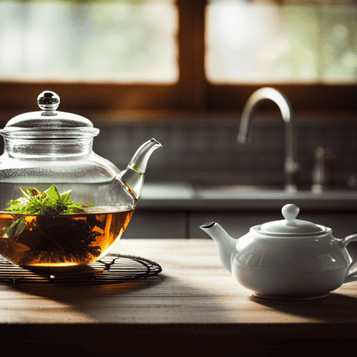 An image showcasing a serene kitchen scene with an elegant teapot and teacup placed on a rustic wooden table