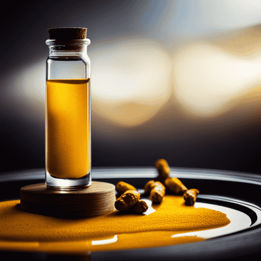 An image featuring a vibrant, golden-hued glass filled with turmeric-infused water, surrounded by fresh, organic turmeric roots and a timer nearby, counting down the minutes