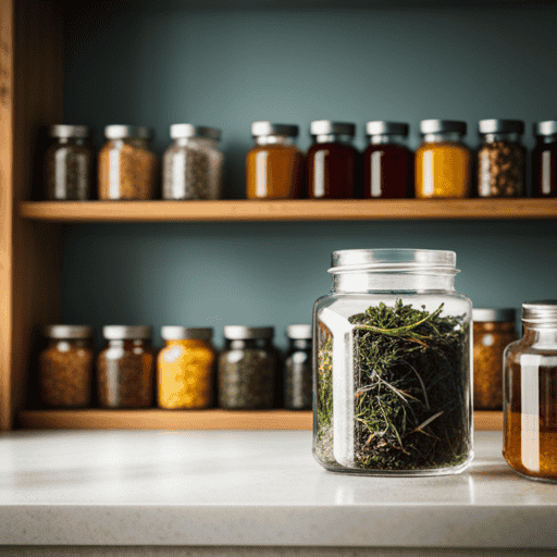 An image of a vibrant, sunlit kitchen shelf filled with neatly arranged glass jars, each containing different varieties of loose leaf herbal tea