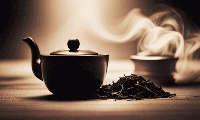 An image capturing the essence of time passing, featuring a vibrant Oolong tea leaf gracefully unfurling as delicate steam dissipates, revealing a teapot in the background surrounded by a series of fading hourglasses