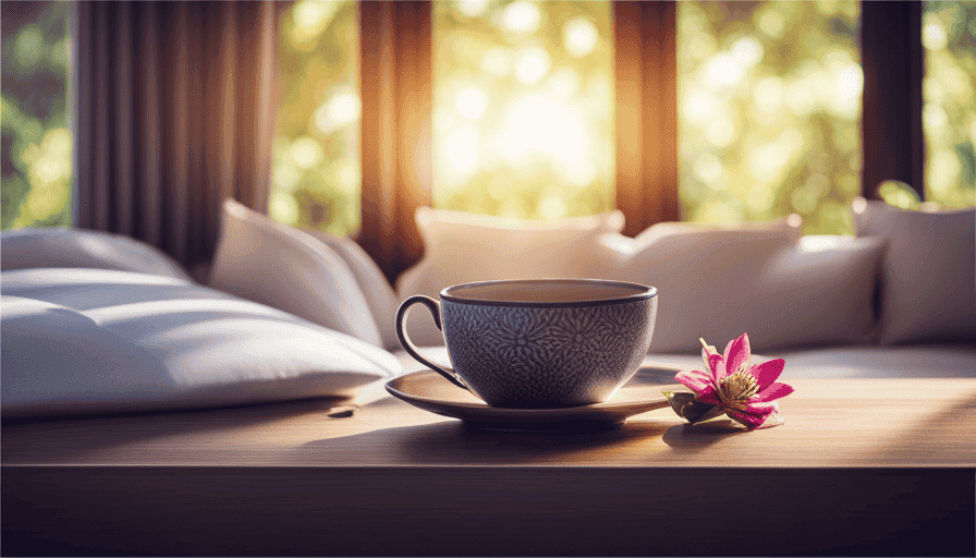 An image featuring a serene setting with a cup of steaming passion flower tea beside a relaxed individual