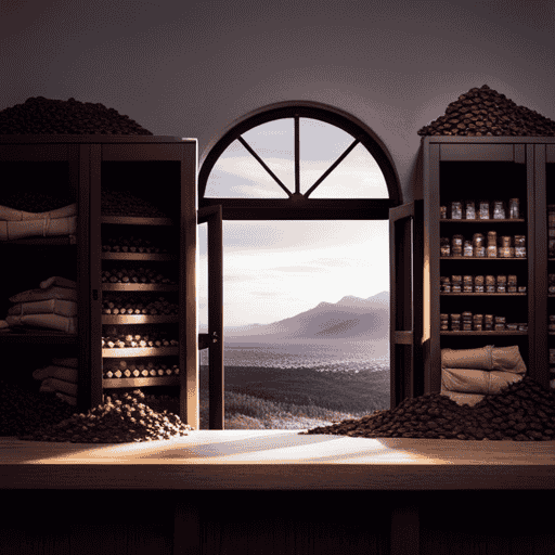 An image showcasing a dark, dry pantry with shelves lined with neatly stacked bags of raw cacao beans and bars, their rich aroma wafting through the air, as sunlight gently filters through a nearby window