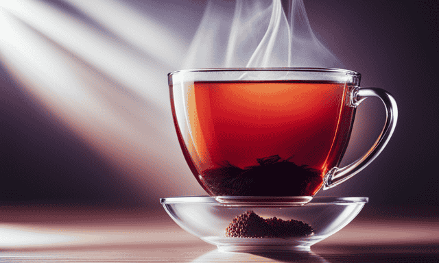 An image capturing the vibrant, deep red hue of a freshly brewed cup of Rooibos tea, held in a delicate, transparent glass teacup, with steam gently rising, evoking warmth and freshness