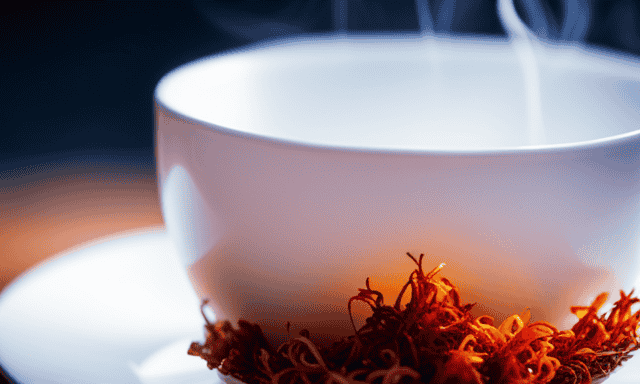 An image showcasing a delicate porcelain teacup brimming with vibrant, amber-hued Rooibos tea