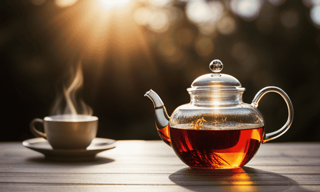 the essence of longevity through an image showcasing a serene, sun-kissed landscape with an elegant, transparent glass teapot, gently steeping vibrant, rust-hued Rooibos tea leaves, exuding a calming aroma