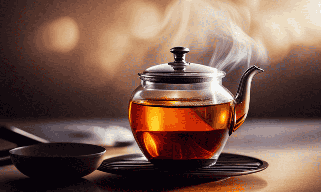 An image capturing the serene process of simmering Rooibos tea: a copper kettle gently steams on a stovetop, while delicate wisps of aromatic vapor rise from the simmering pot, infusing the air with its rich, amber hues