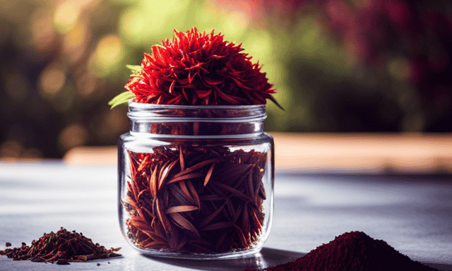 An image of a vibrant, well-preserved bouquet of freshly picked rooibos leaves, neatly bundled and sealed in an airtight glass jar, showcasing its rich reddish-brown hue and capturing the essence of long-lasting freshness