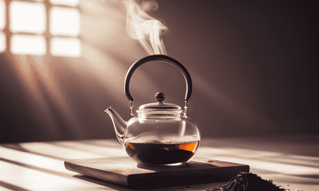 An image showcasing a serene scene of a teapot brewing Rooibos tea leaves in a sunlit room, with wisps of steam rising, evoking a calming atmosphere and capturing the anticipation of the tea's desired effects
