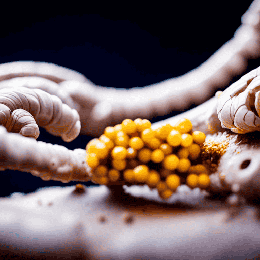 An image of a human digestive system, with vibrant yellow turmeric particles being broken down and absorbed in the stomach, traveling through the intestines, and finally being eliminated from the body