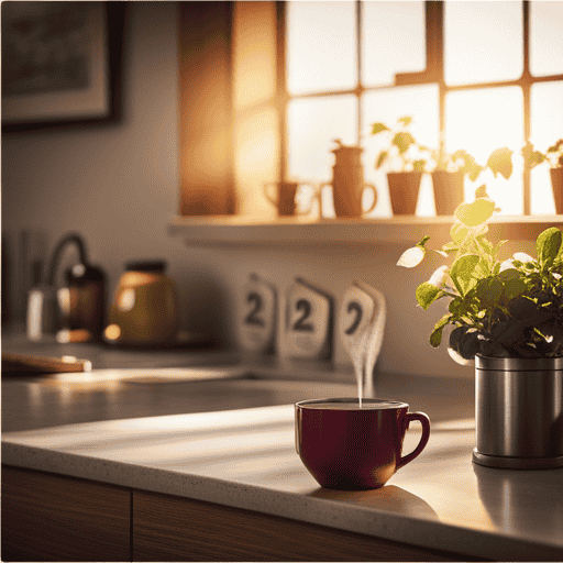 An image showcasing a serene kitchen counter with sunlight streaming through the window, casting a soft glow on a freshly brewed cup of Twinings Herbal Tea, surrounded by a calendar marked with the passing days