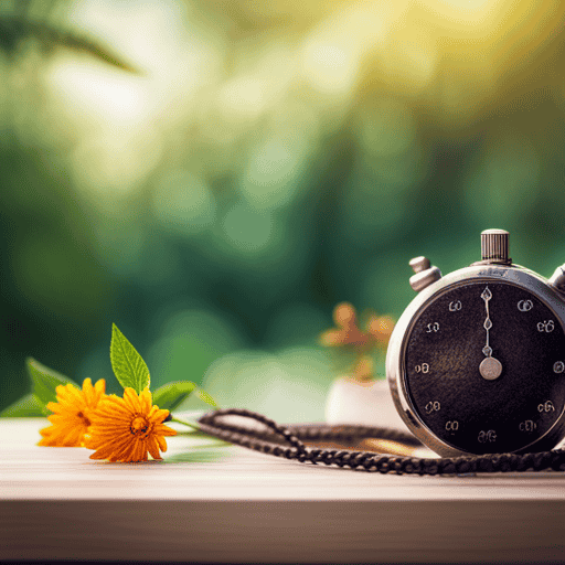 An image showcasing a serene morning scene with a cup of Yogi Detox Tea gently steaming, surrounded by vibrant greenery and a stopwatch subtly hinting at the passing of time