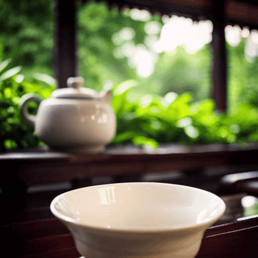 An image of a serene ancient Chinese tea garden with lush greenery, delicate teacups, and a tranquil pond, capturing the timeless tradition of herbal tea consumption dating back centuries