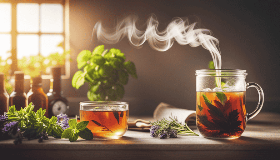 An image showcasing a serene kitchen countertop with a steaming herbal tea in a clear glass cup, surrounded by vibrant, fresh herbs and a calendar with a circled date, emphasizing the importance of monitoring herbal tea freshness