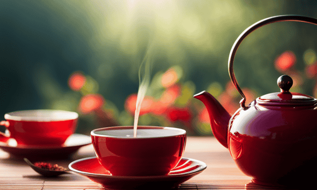 An image of a serene, sunlit garden with a teapot pouring vibrant red Rooibos tea into delicate porcelain cups