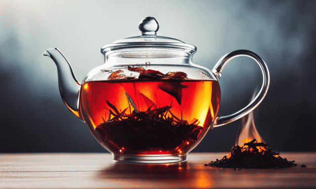 An image showcasing a serene scene: a teapot filled with vibrant red Rooibos tea leaves gently steeping in a clear glass, capturing the ethereal dance of steam rising from the teacup