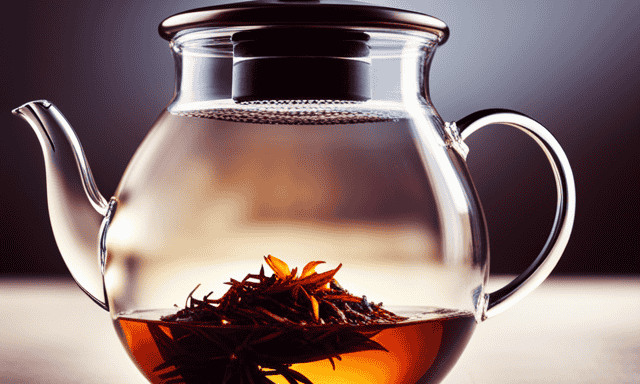 An image of a serene teapot filled with vibrant rooibos tea leaves gently steeping in a clear glass cup, the rich amber hue slowly diffusing into the hot water, capturing the essence of a leisurely brewing process