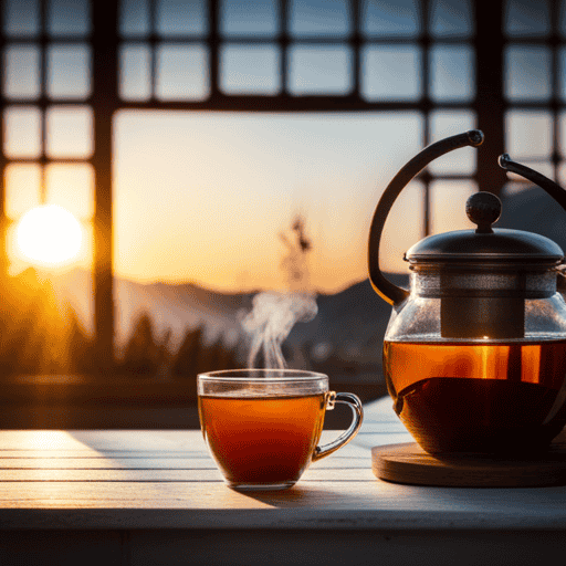 An image showcasing a serene setting with a timer next to a cup of herbal tea, gently infusing in hot water