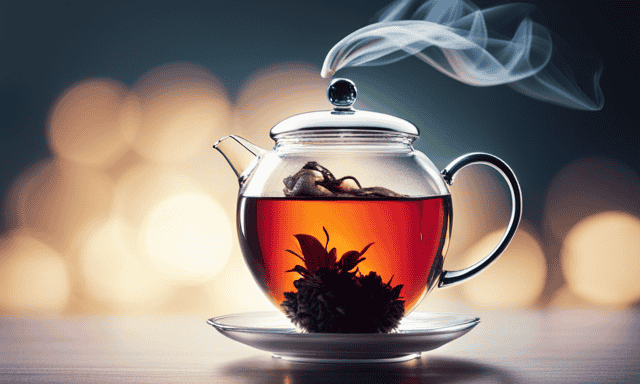 An image showcasing a serene teapot releasing steam, surrounded by lush oolong tea leaves gracefully unfurling in a clear glass teacup, revealing their vibrant colors, as if inviting you to taste their perfectly steeped essence