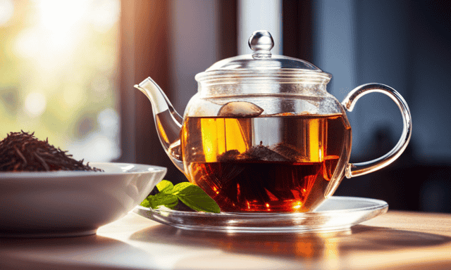 An image showing a serene, sunlit kitchen scene: a delicate teapot filled with richly hued rooibos loose leaf tea, gently steeping in a clear glass mug, as steam rises and soft rays of sunlight filter through a nearby window