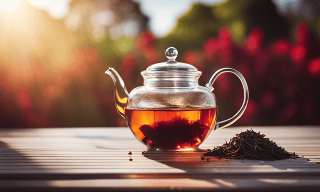 An image showcasing a serene teapot filled with vibrant red rooibos tea leaves, gently infusing in hot water