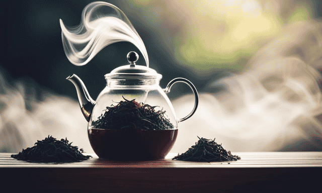 An image showcasing an elegant teapot filled with vibrant oolong tea leaves, gently unfurling as steaming water cascades over them, capturing the essence of the perfect steeping process