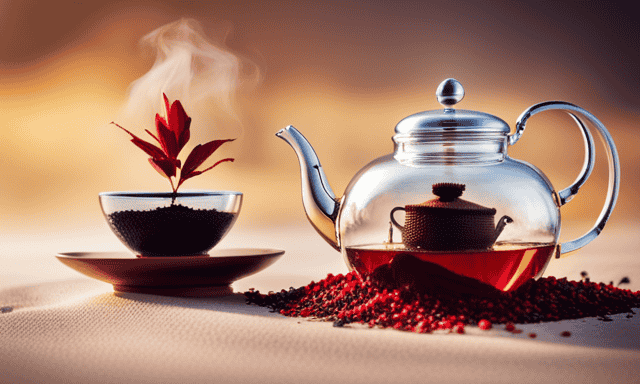 An image showcasing a serene teapot immersed in steam, with vibrant red rooibos leaves gracefully swirling in the water