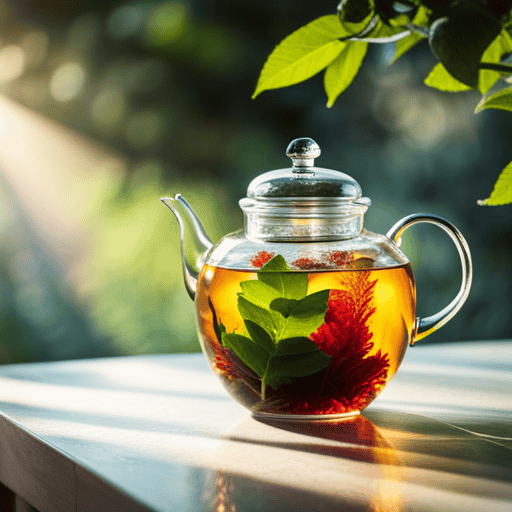An image capturing the serene scene of a delicate ceramic teapot, filled with vibrant herbal tea leaves, gently steeping in crystal-clear water
