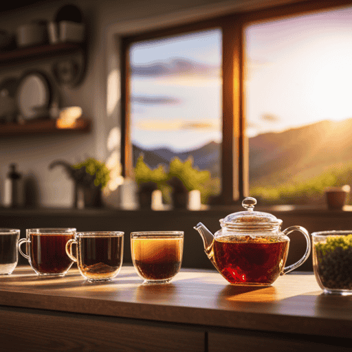 An image of a serene, sunlit kitchen with a beautifully arranged assortment of vibrant, freshly brewed herbal teas in elegant glass teacups, inviting readers to contemplate the duration of their herbal tea cleanse journey