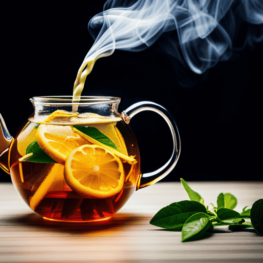An image capturing the process of steeping lemon herbal tea: a vibrant yellow teapot pouring steaming hot water over fresh lemon slices and herbal tea leaves, as delicate citrus aromas fill the air