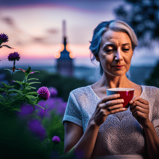 An image depicting a serene setting with a woman comfortably sipping herbal tea from a delicate teacup, surrounded by vibrant botanicals and a timer subtly indicating the ideal duration for tube-clearing efficacy