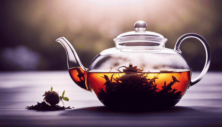 An image showcasing an elegant porcelain teapot, filled with vibrant loose herbal tea leaves