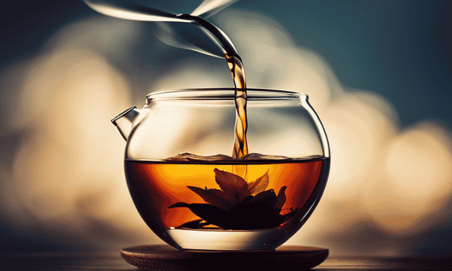 An image capturing the mesmerizing process of steeping oolong tea, showcasing delicate tea leaves unfurling gracefully in a glass teapot, as wisps of steam rise, and golden hues infuse the water