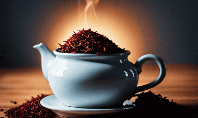An image showcasing a serene scene of a rustic teapot filled with vibrant red Rooibos tea leaves steeping in hot water, emitting a rich aroma