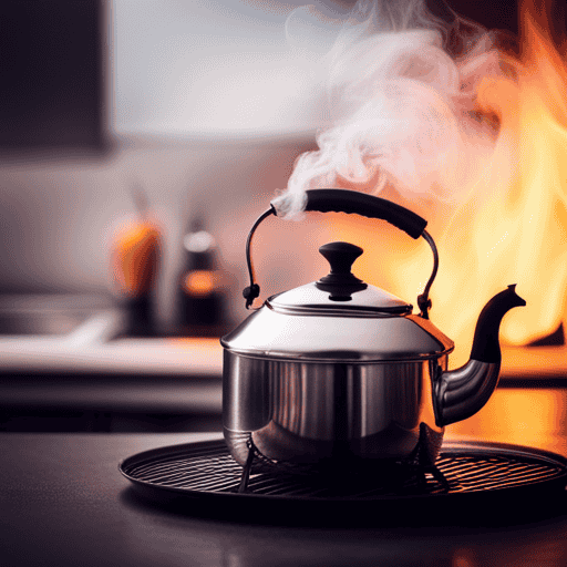 An image showcasing a serene kitchen scene with a stainless steel kettle on a gas stove, releasing wisps of aromatic steam as vibrant herbal tea leaves delicately dance within the rolling boil