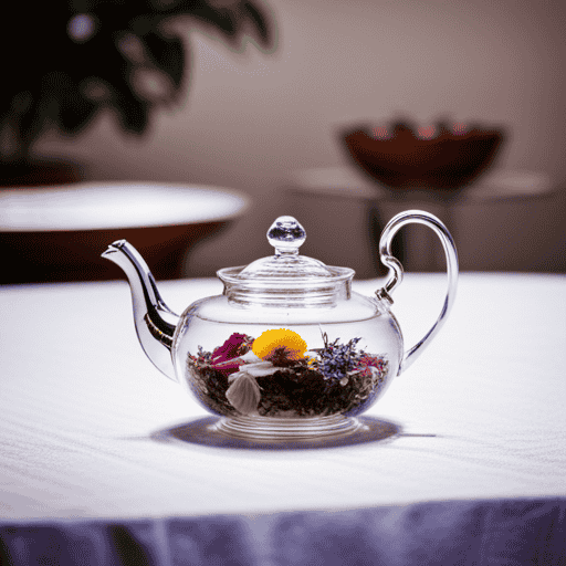 An image showcasing a delicate porcelain teapot, filled with a vibrant blend of dried chamomile, lavender, and rose petals, steeping gently in crystal-clear hot water, infusing the room with a tranquil aroma