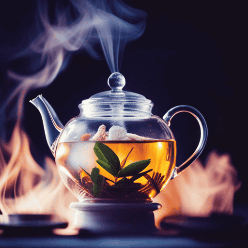 An image capturing the serene process of brewing herbal tea: a steaming teapot atop a stove, surrounded by vibrant herbs, gently simmering in water