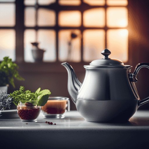 An image depicting a serene scene in a cozy kitchen: a teapot steams gently on a stove, aromatic herbs swirl in a glass teacup, a timer ticks nearby, and an hourglass indicates the passing time