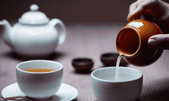 An image showcasing a serene tea ceremony with a traditional clay teapot pouring steaming oolong tea into delicate porcelain cups