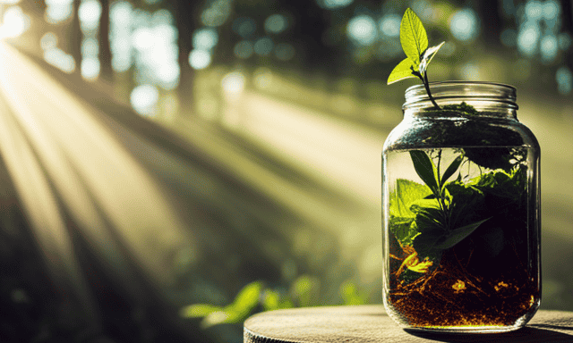 An image showcasing a glass jar filled with refreshing ice-cold yerba mate, infused with vibrant green leaves, submerged in water, and left to brew for hours as the morning sunlight gently filters through