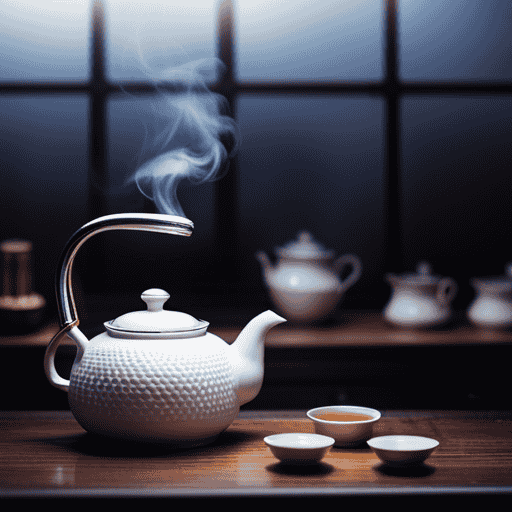 An image depicting a serene, minimalist kitchen scene with a traditional Chinese tea set, where steam gently rises from a brewing pot of fragrant herbal tea, infusing the air with its enticing aroma
