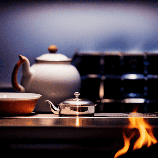 An image of a cozy kitchen setting with a vintage teapot simmering on a gas stove