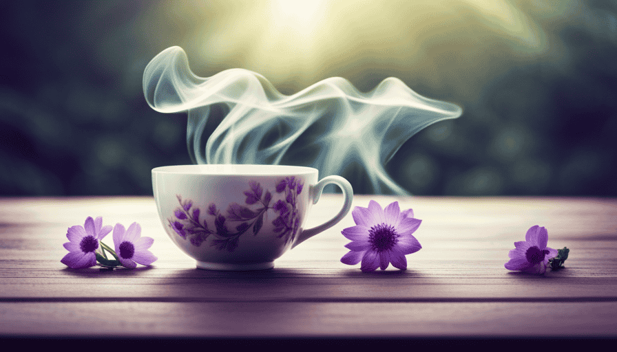 An image showcasing a delicate, transparent teacup filled with warm herbal tea, surrounded by an enchanting mist of steam, as aromatic herbs gracefully infuse, evoking a serene and soothing atmosphere